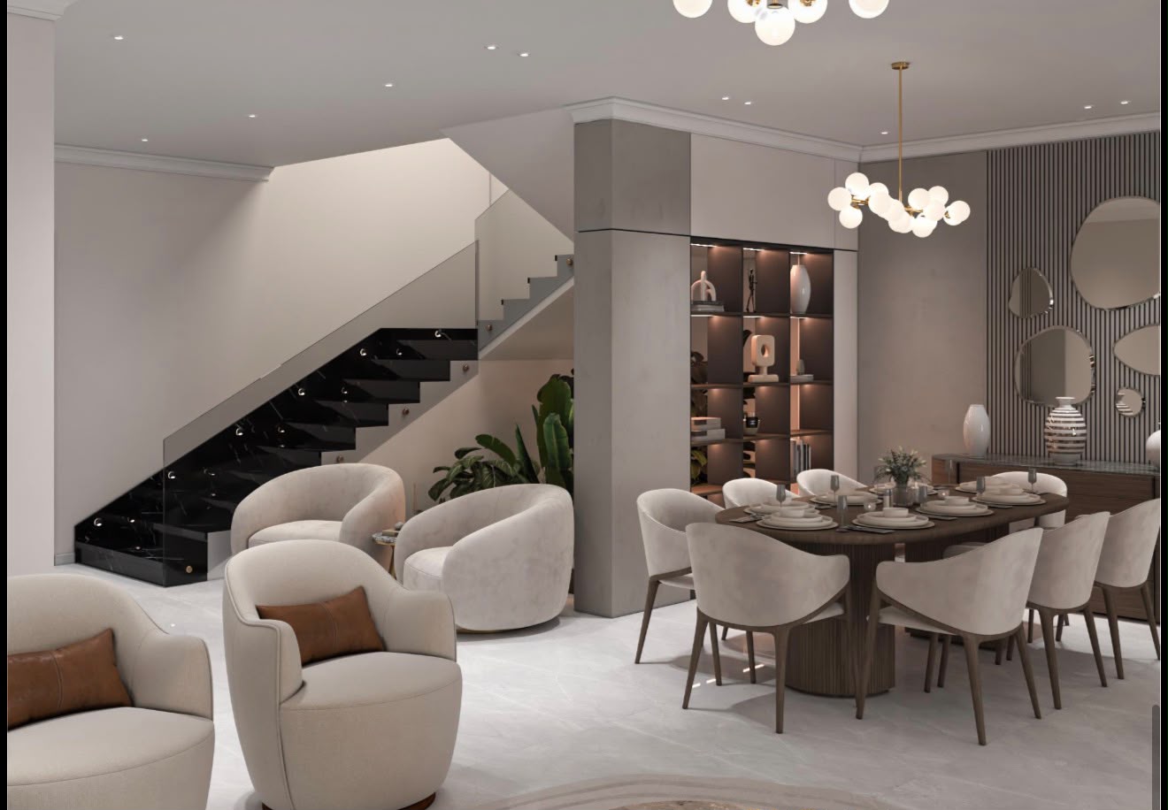 Dining area with black marble staircase